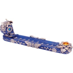 11in Golden Blue Skull &amp; Butterfly Flat Incense Burner (IB212)