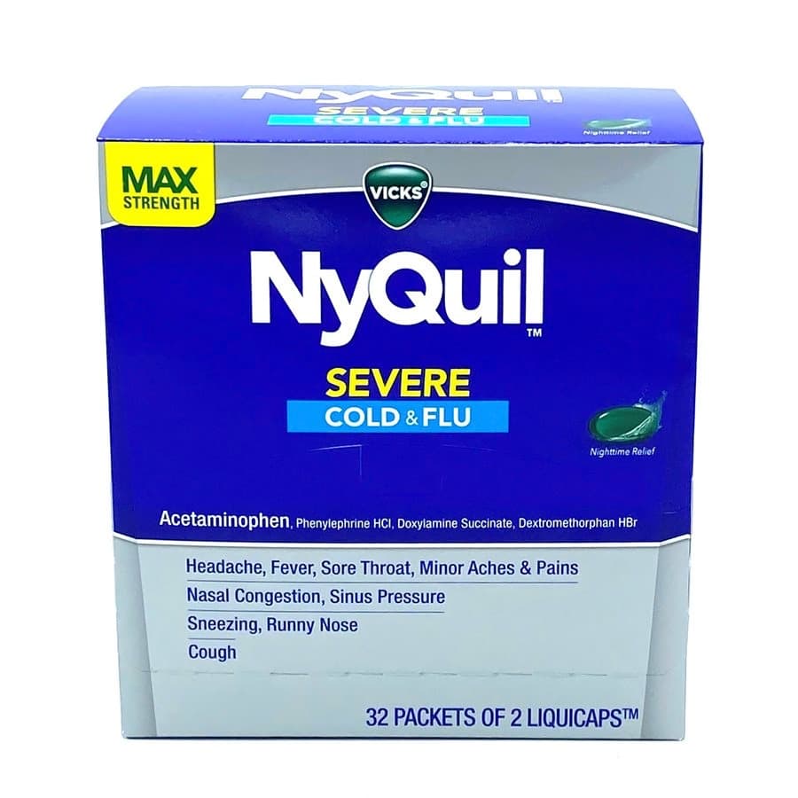 Nyquil Cold &amp; Flu Liquid Cap 2CT Severe Multi Symptom (32 packs of 2 Liquicaps) (Unit Cost $0.87)