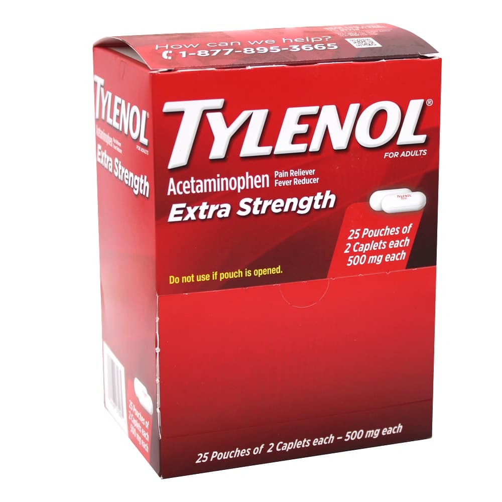 Tylenol Caplets 2CT Cap Extra Strength Box (25 Pouches of 2 caps) (Unit Cost $0.31)