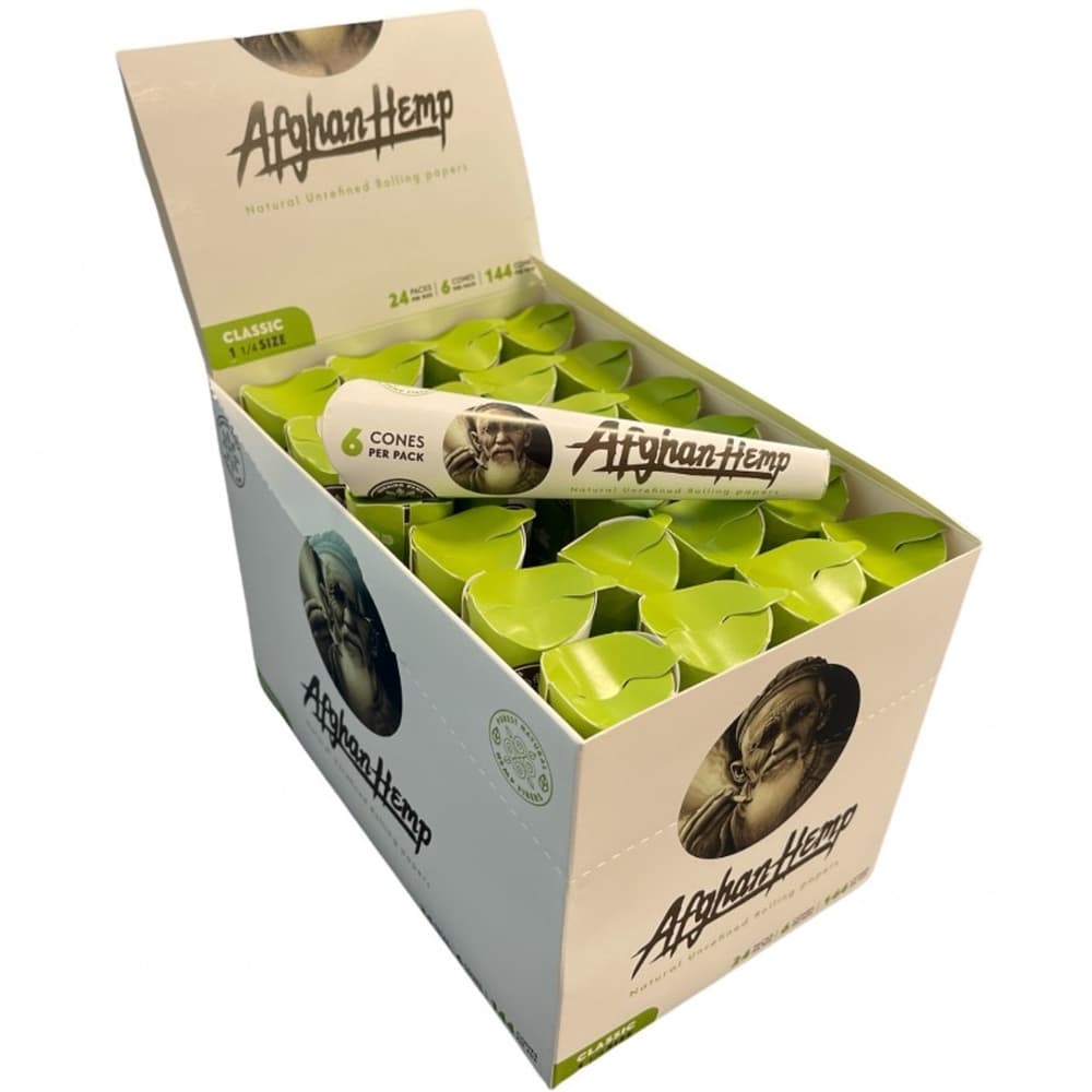 AFGHAN HEMP NATURAL UNREFINE ROLLING PAPER CLASSIC 1 1/4 CONES  (24 PACKS PER BOX)