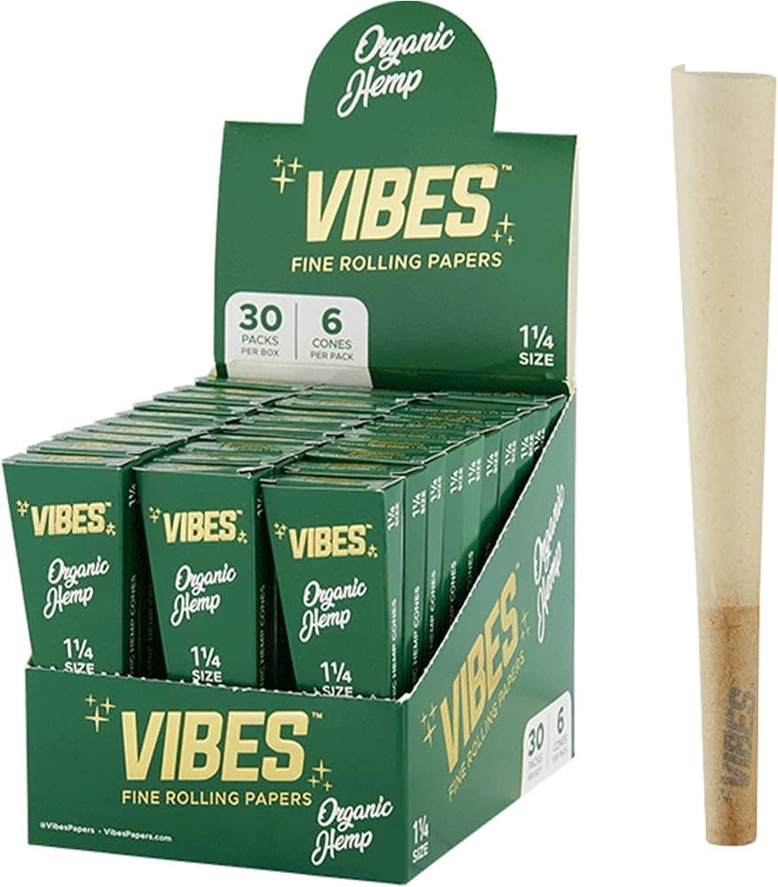 VIBES FINE ROLLING PAPER (ORGANIC HEMP) 1 1/4 30 PACK 6 CONE PER PACK