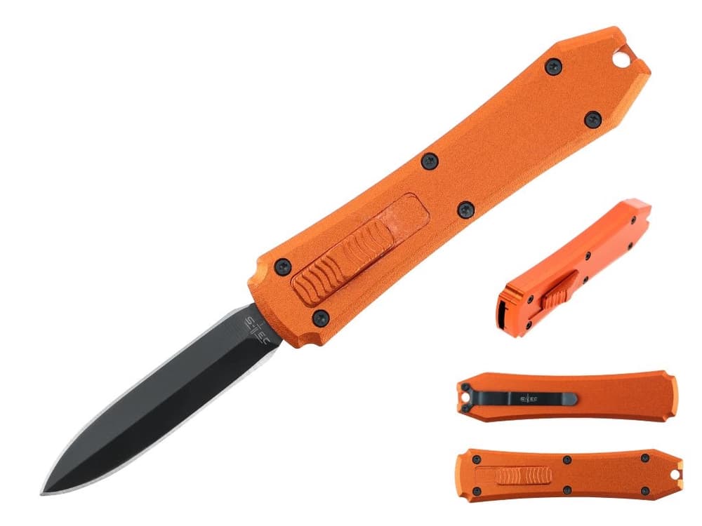S-TEC T27062ORC 5.25″ Anodized Aluminum Handle Mini OTF w/ Pocket Clip- Orange