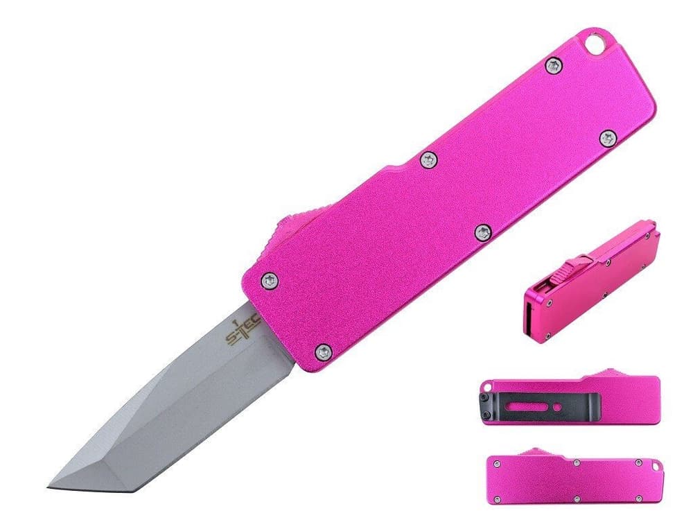 S-TEC T27062PKC 5.25″ Anodized Aluminum Handle Mini OTF w/ Pocket Clip-PINK