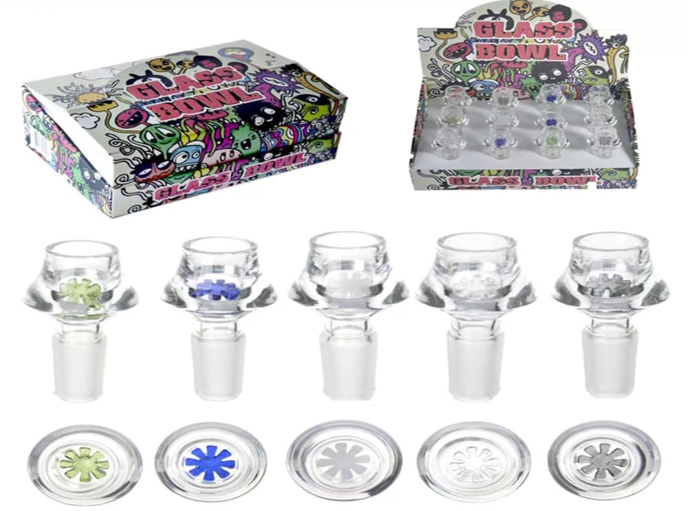 Clear Bowl 14MM with Colorful Flower Design Screen (Display of 12) (Unit Cost $1.99)
