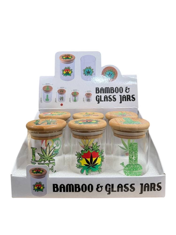 GS30471-1 - Assorted Design Bamboo Glass Jar (6ct) (Unit Cost $1.99)
